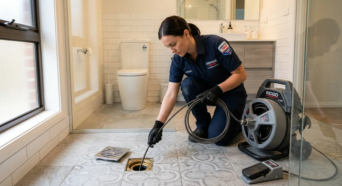 Technician clearing a bathroom floor drain for Drain Cleaning in Tupelo